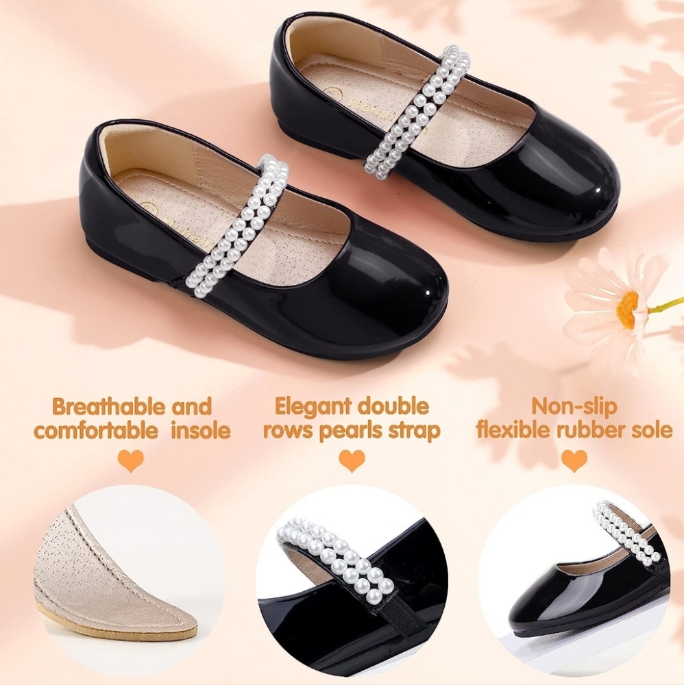 Hehainom Mary Jane Princess Ballet Flats Double Row Pearl Shoes w Free Headband - Picture 6 of 8